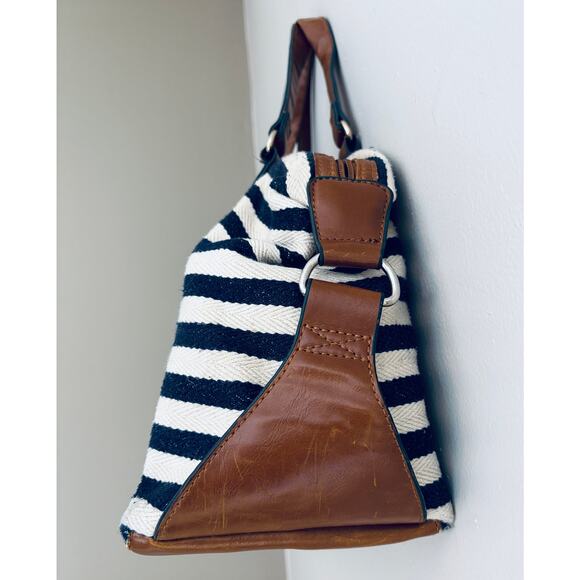 b. bag Cream and Navy Blue Striped Bag Tote Purse - Picture 2 of 11